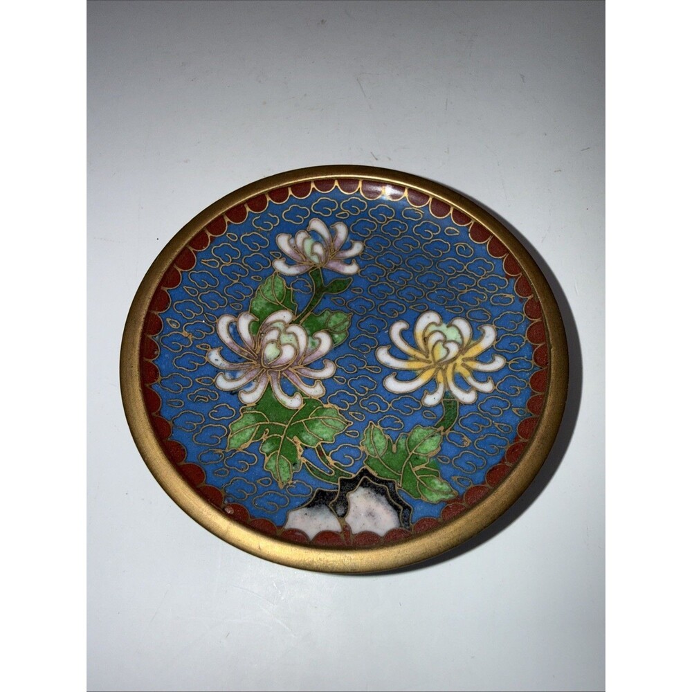 Vintage Chinese Cloisonne Trinket Dish Chrysanthemums on Blue Background
